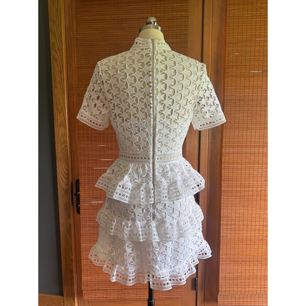 Self-Portrait White Star Guipure Lace Tiered Mini Dress Summer Size 6 - Picture 3 of 6